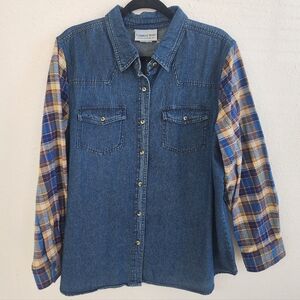 Country Store Denim Shirt Jacket with Plaid Sleeves Size XL NEW